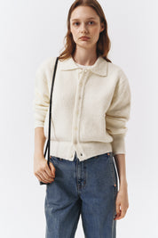Unisex Open Collar Boucle Knit Cardigan In Off White