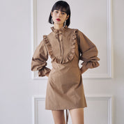 Sleeve Banding Frill Dress In Brown