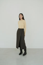 Long-wrap Slit Wool Skirt In Charcoal Brown