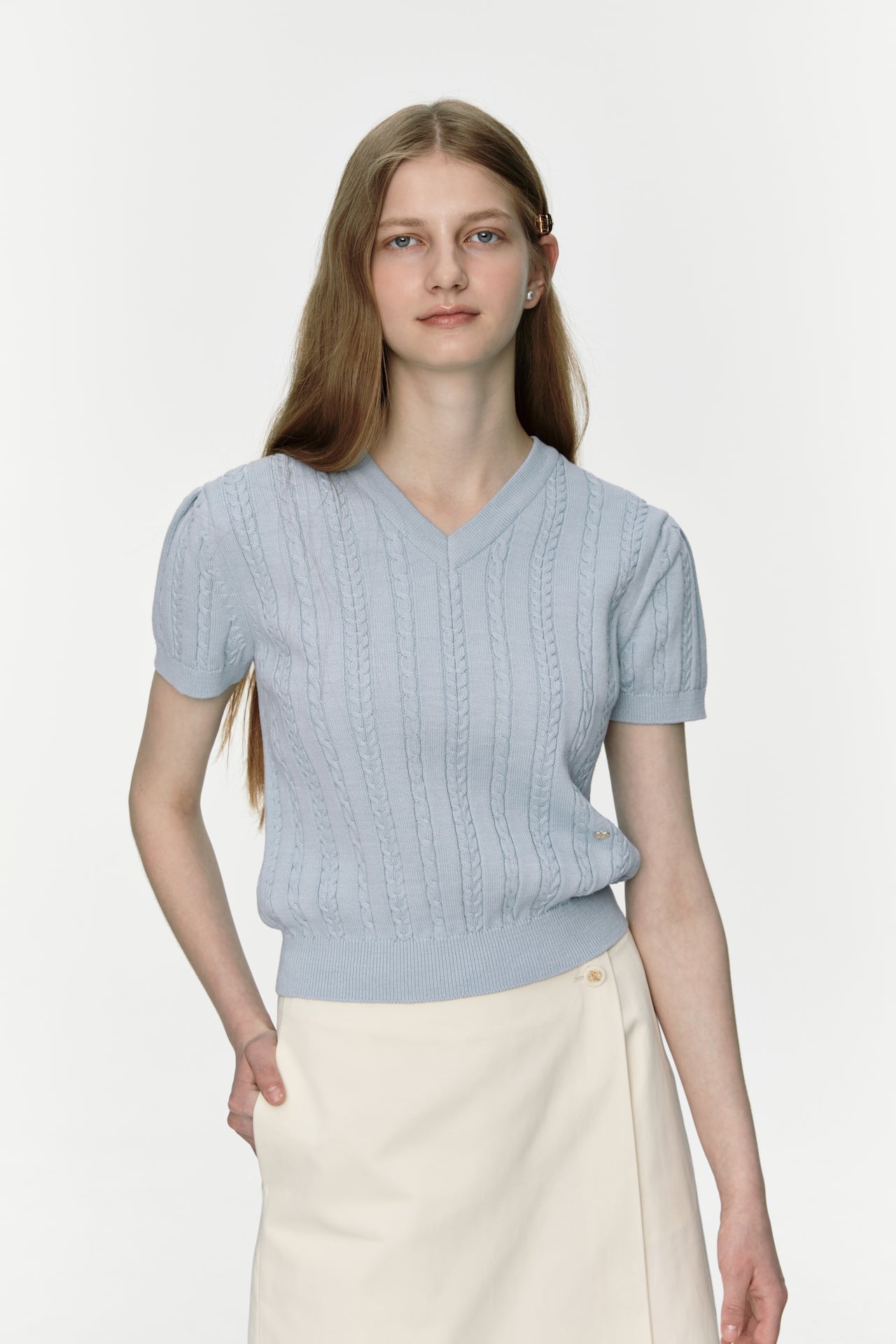 Puff Sleeve Cable Knit In Light Blue