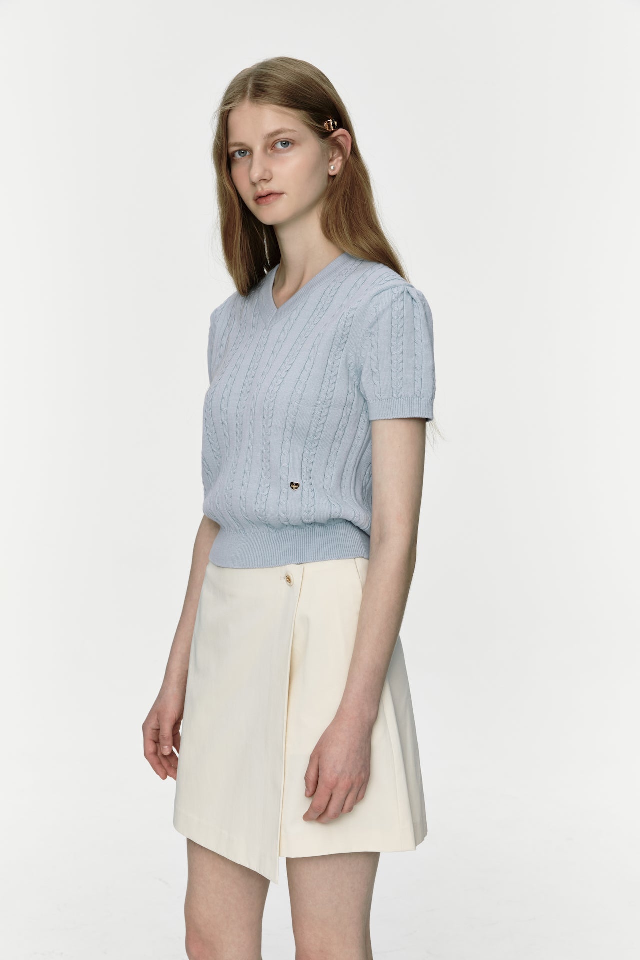 Puff Sleeve Cable Knit In Light Blue
