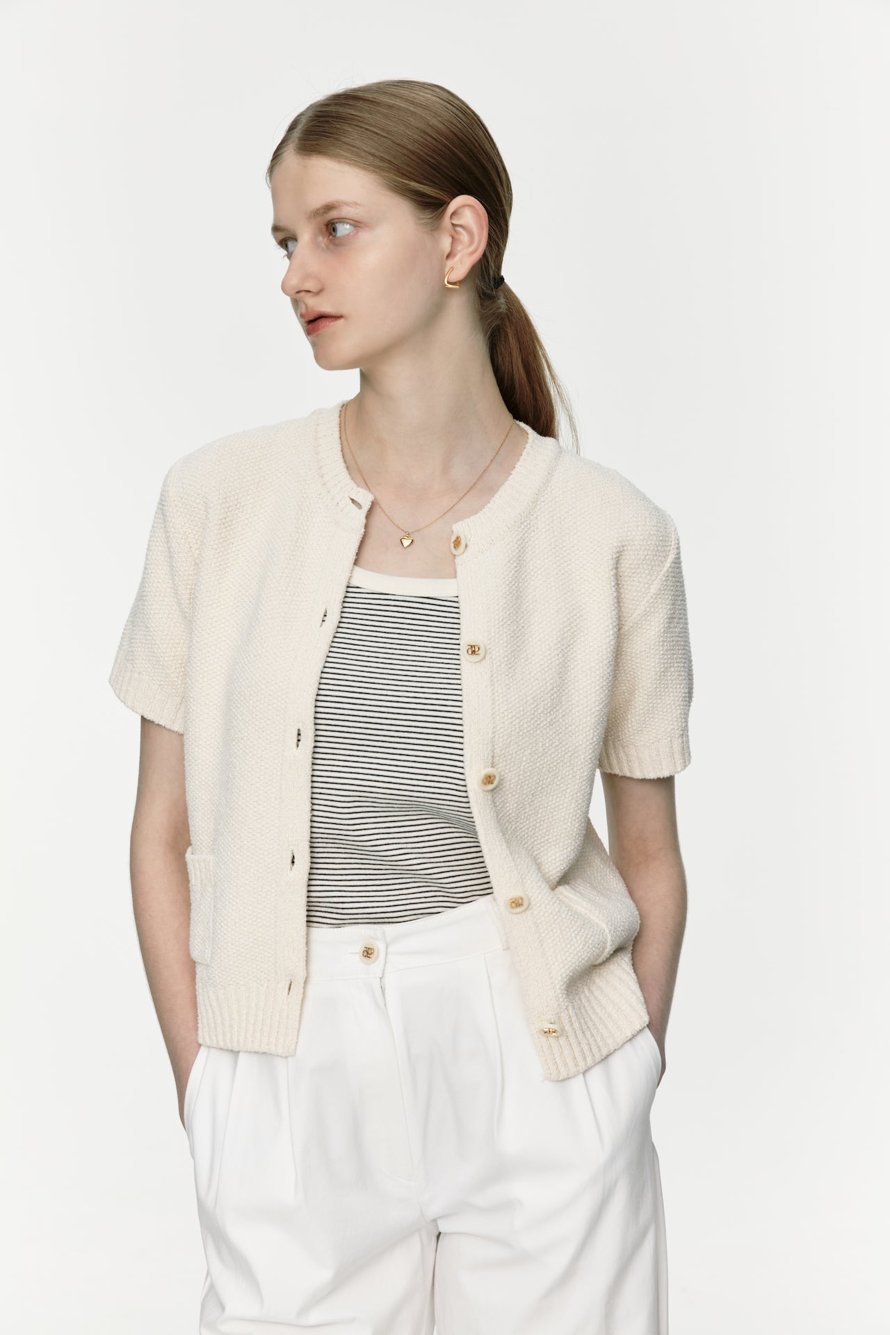 Half Sleeve Knit Cardigan In Ivory STORiES Hong Kong