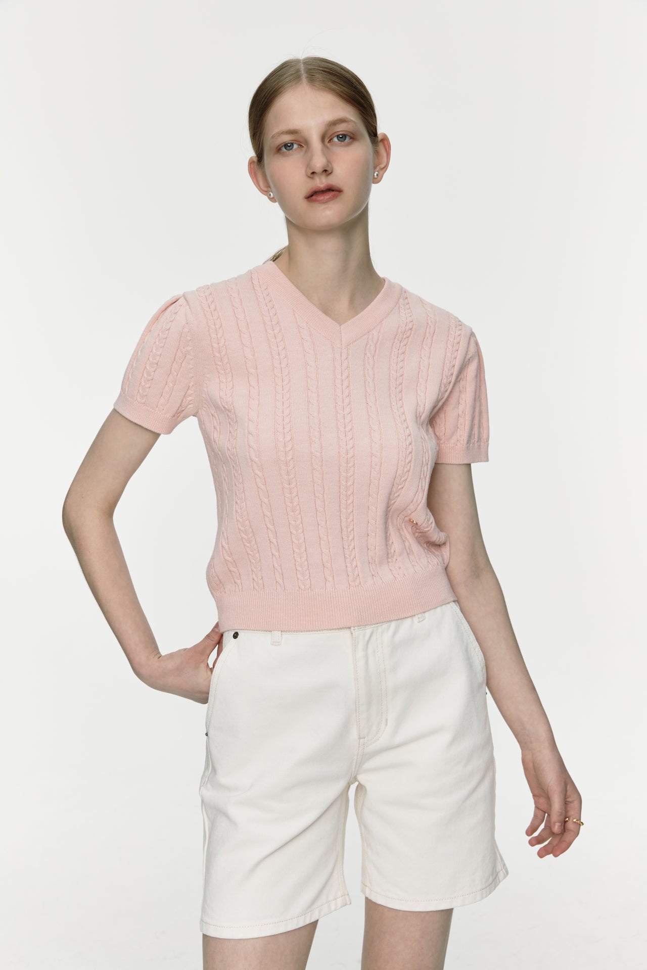 Puff Sleeve Cable Knit In Light Pink