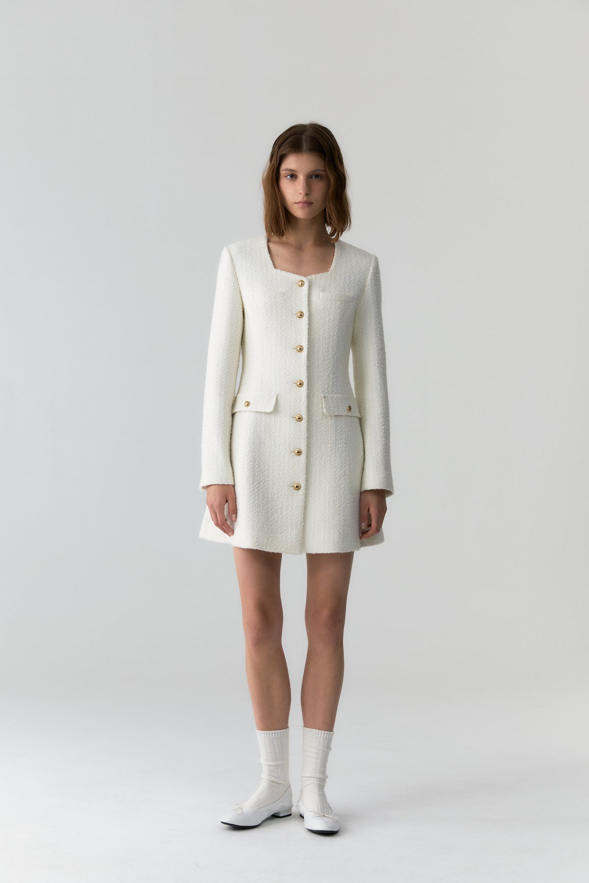 Wool Tweed Button Dress In Ivory