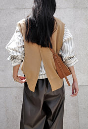 Merino Wool Wrap Knitted Vest In Beige