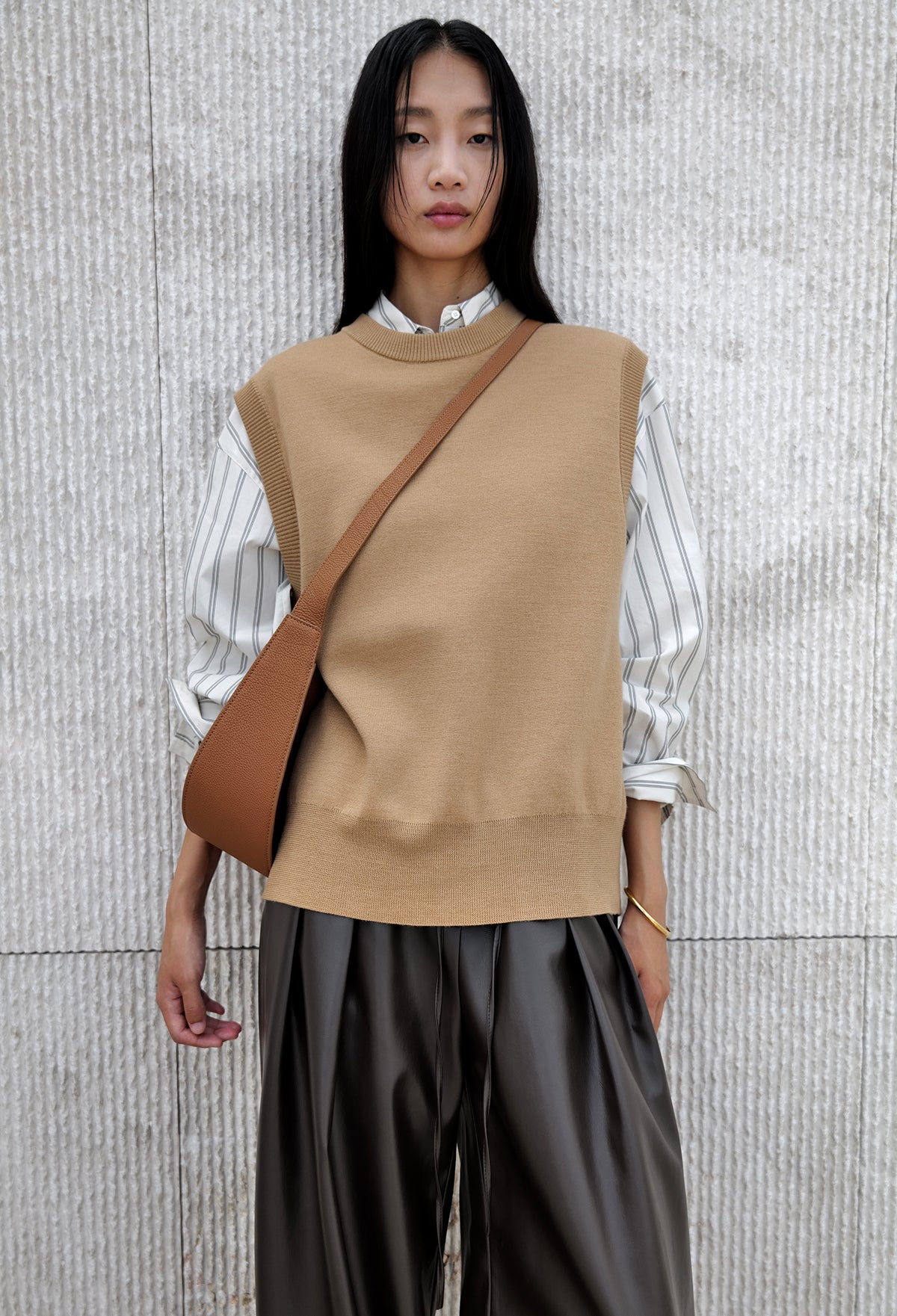 Merino Wool Wrap Knitted Vest In Beige