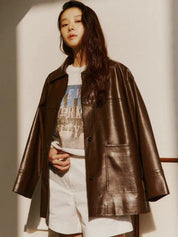 Faux Leather Oversized Half Jacket In Brown