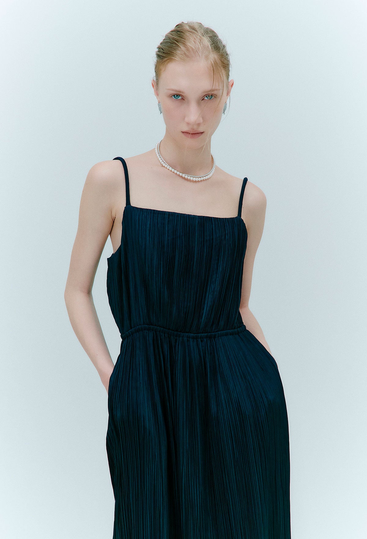 Pleated Maxi Dress In Navy