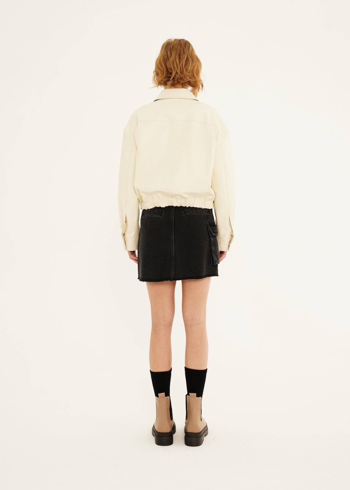 Faux Leather Cropped Blouson Jacket In Ivory