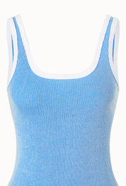 Contrast Binding Ribbed Tank Top In Striped Blue