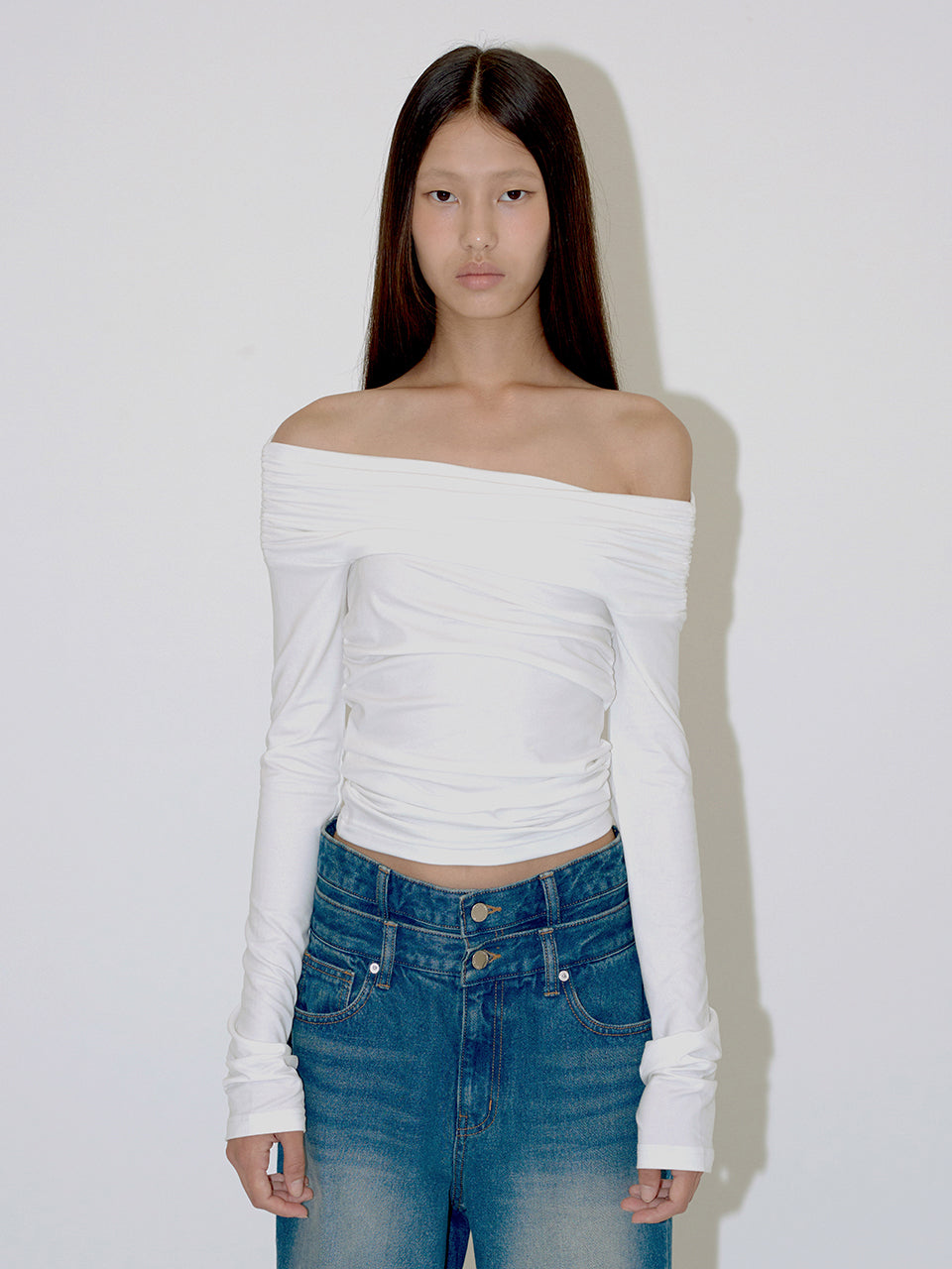 Off Shoulder Shirring Tee In Ivory