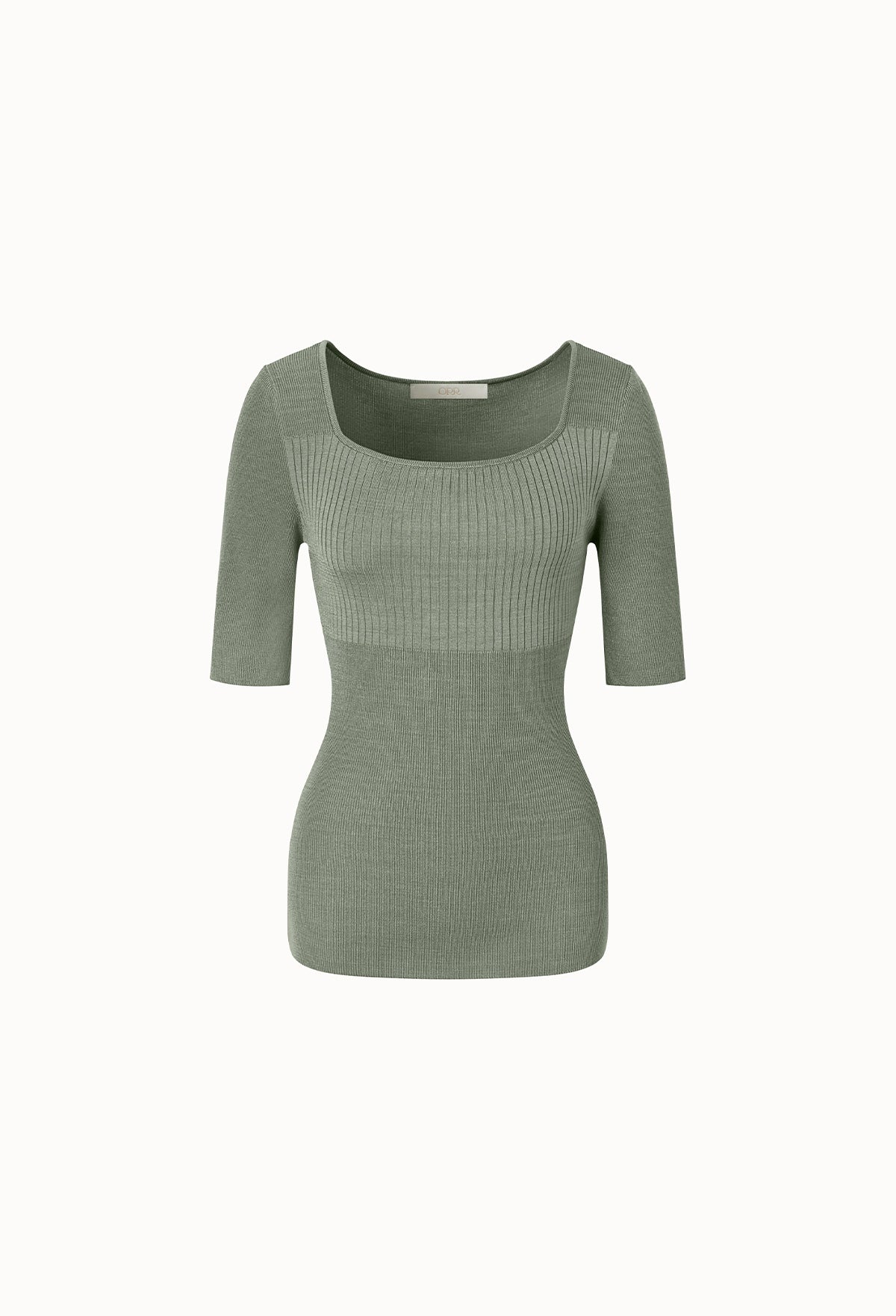 Ribbed Half-sleeve Knitted Top In Khaki