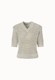 V-neck Waffle Knitted Top In Light Gray