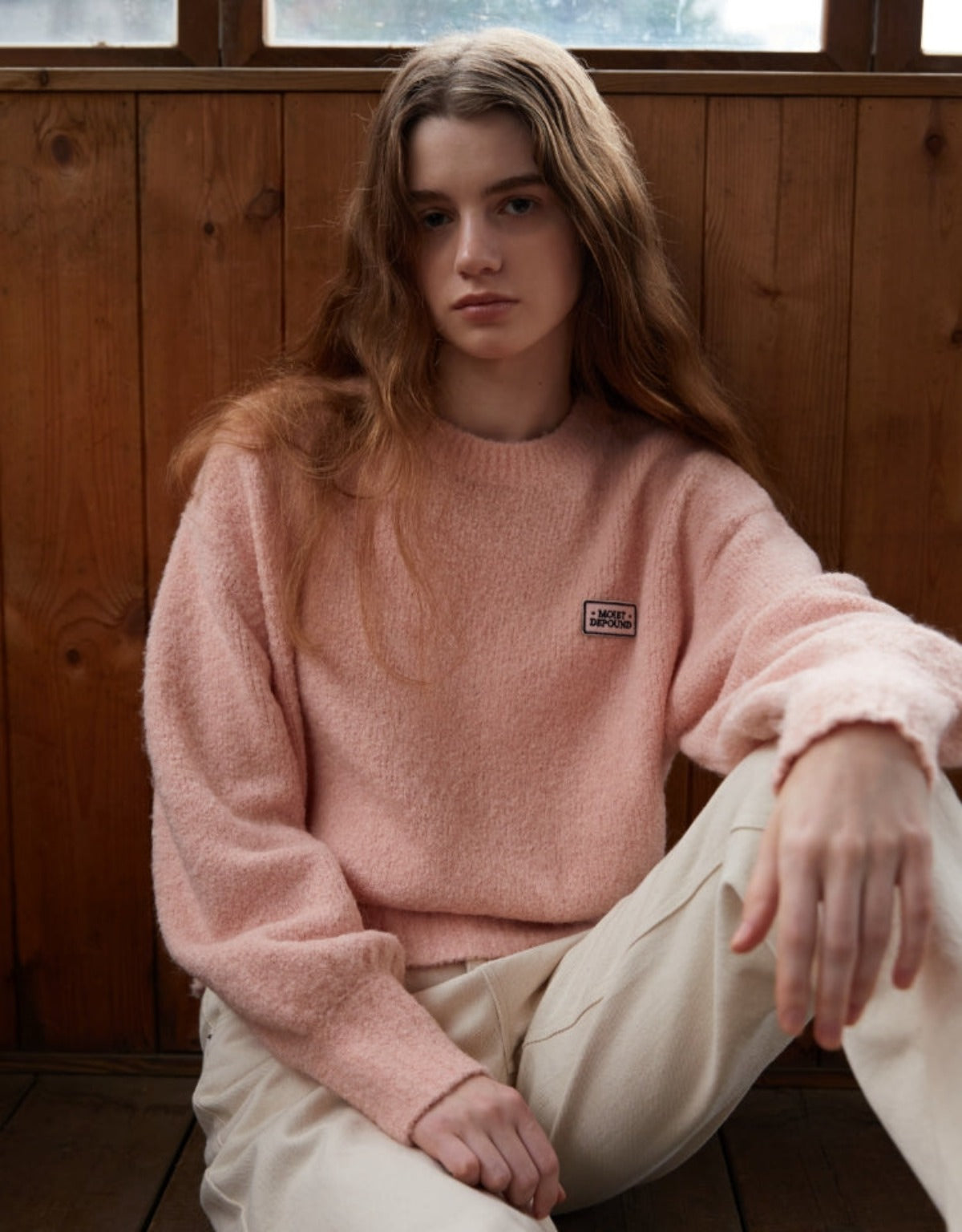 Wool Boucle Wappen Pullover In Light Pink