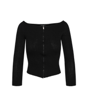 Ribbed Off-shoulder Zip Knit Top In Black