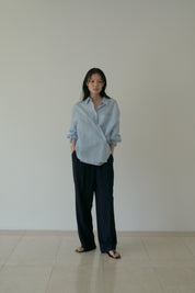 Linen Bamboo Blended Wrap Shirt In Sky Blue