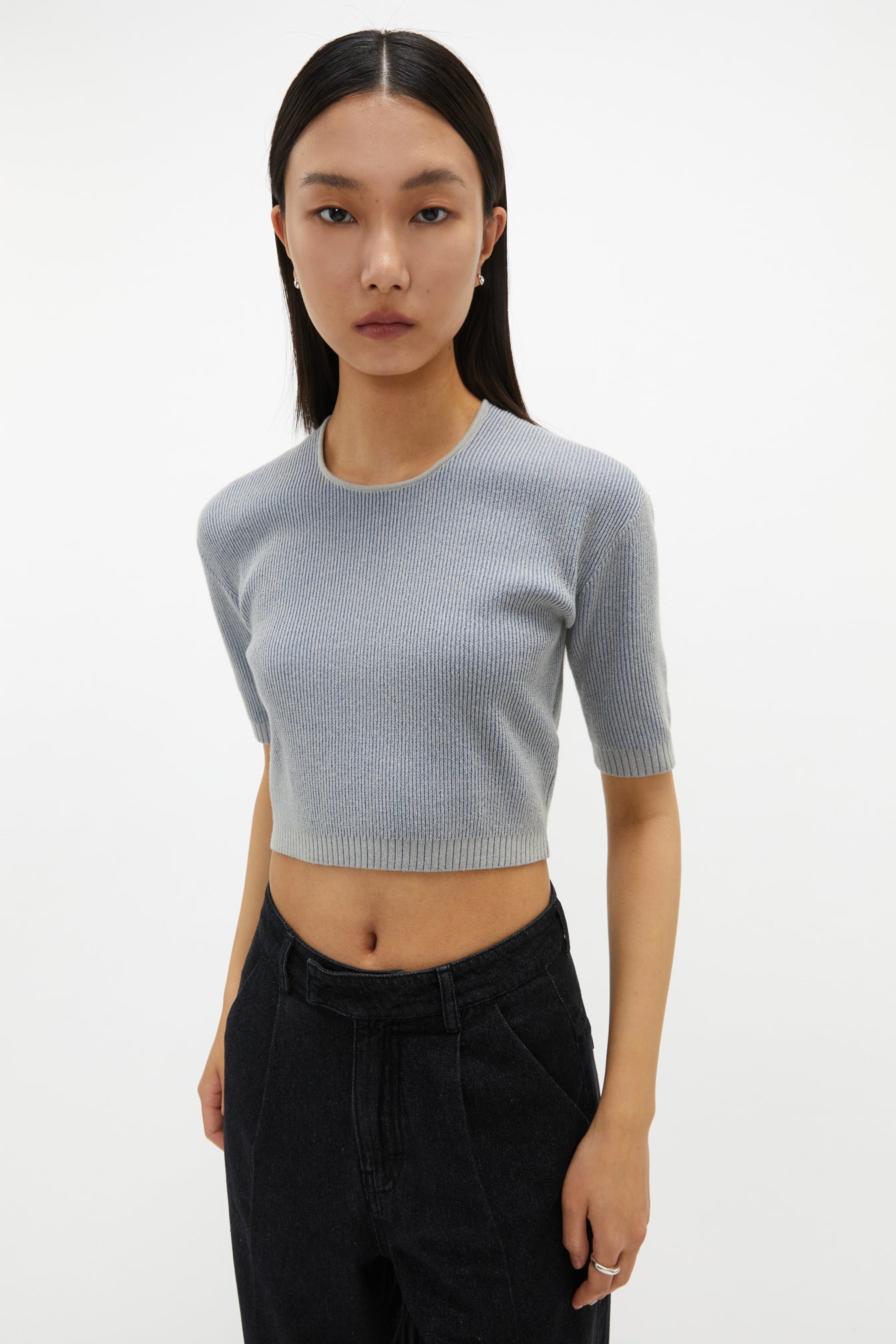Square-neck Mixed Knit Top In Blue