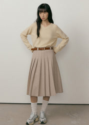 Wool Pleated Midi Skirt In Beige