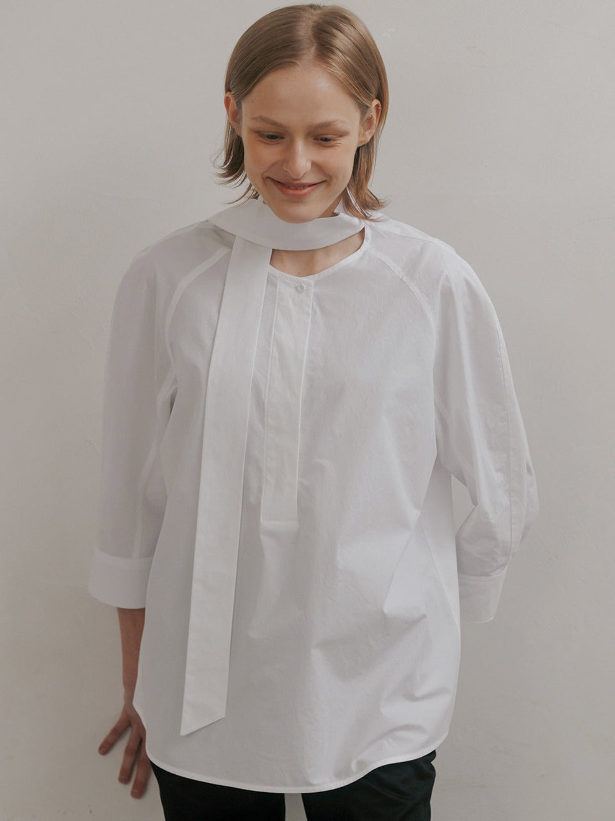 Cotton Tie Shirt Blouse In Off White