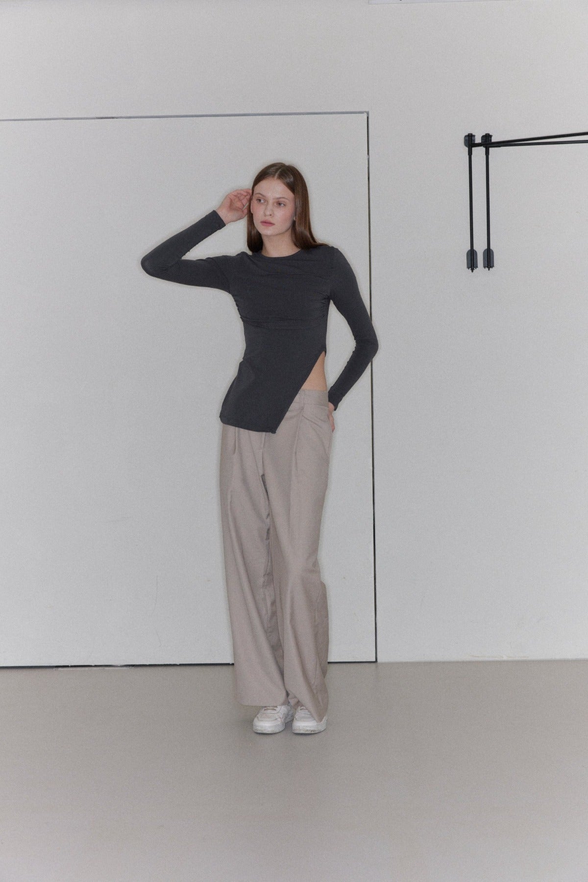 Sofia Shirring Layered T-shirt In Grey