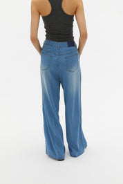 Denim Wide-Leg Trousers With Cuff Pleats In Blue