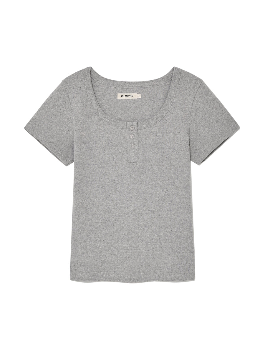 Province Eyelet Button Tee In Melange Gray