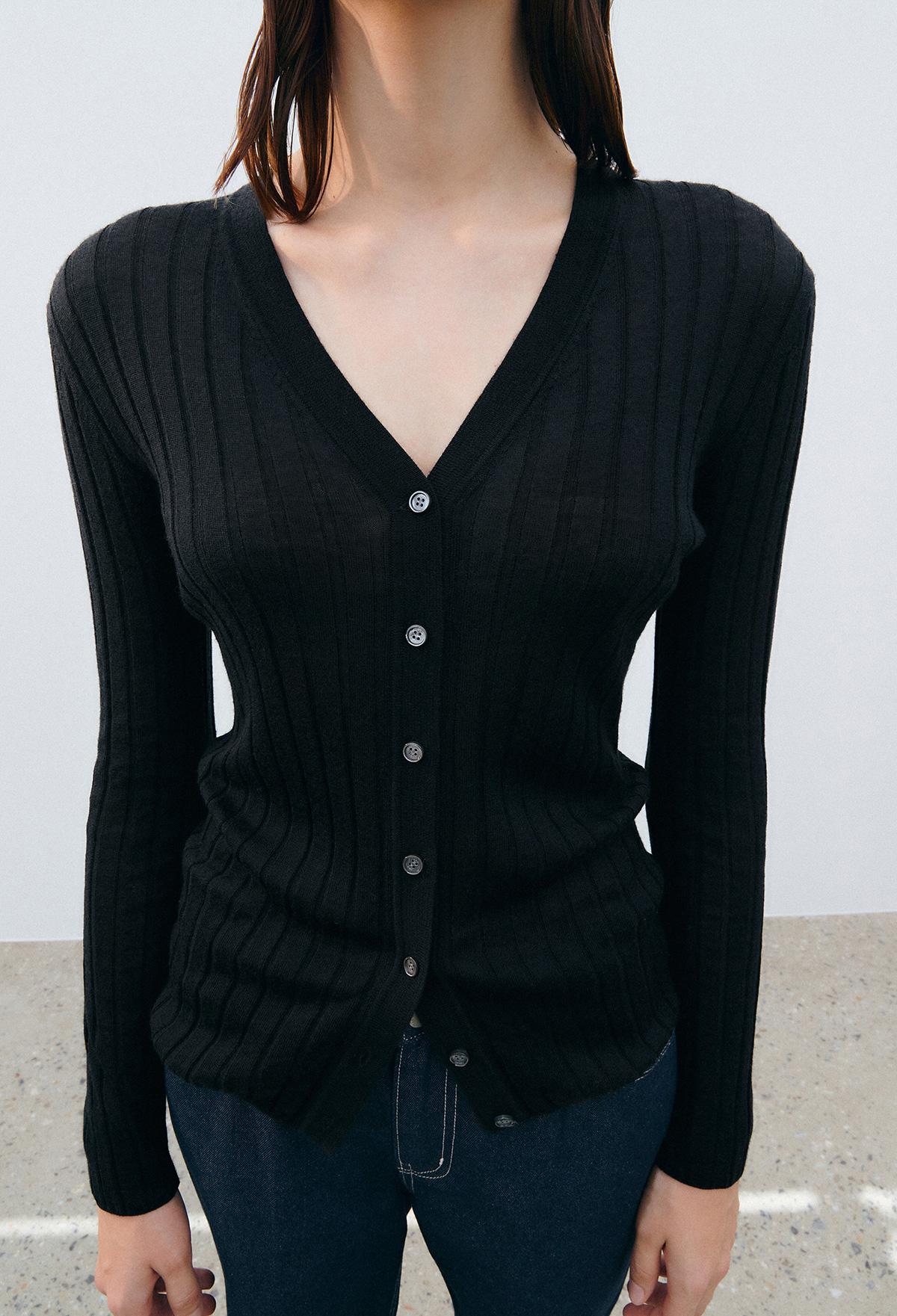 Wool Tencel V-neck Cardigan In Black