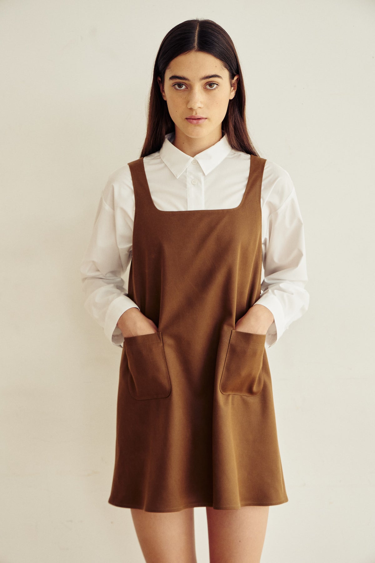 Square Neck Pocket Dress In Brown