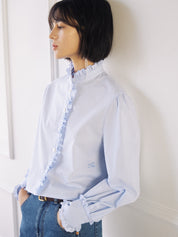 經典藍色條紋褶邊短襯衫