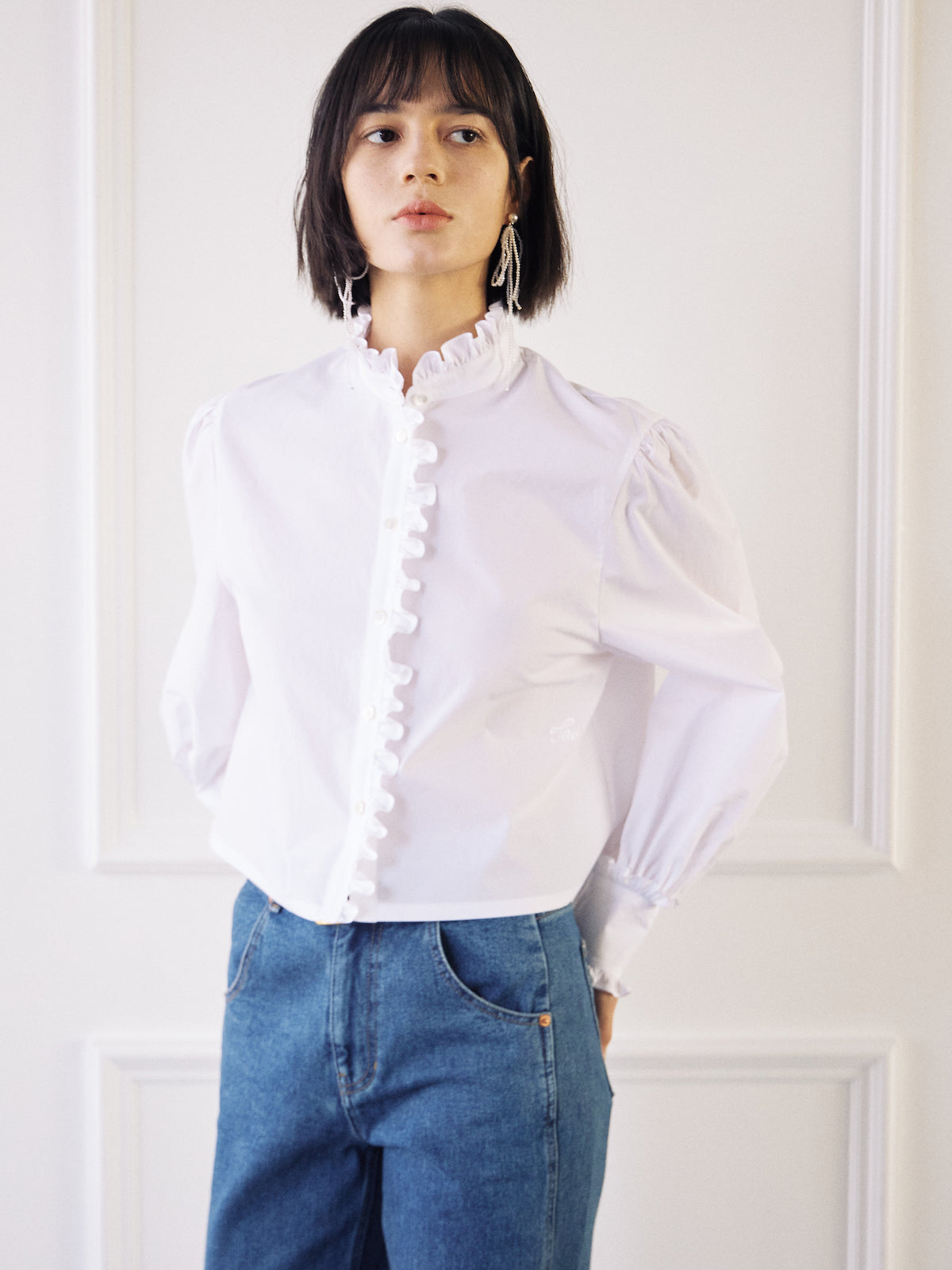 Classic Frill Crop Blouse In White