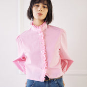 經典粉紅條紋褶邊短襯衫