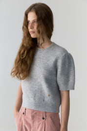 混色灰色羊毛圈圈泡泡袖針織衫