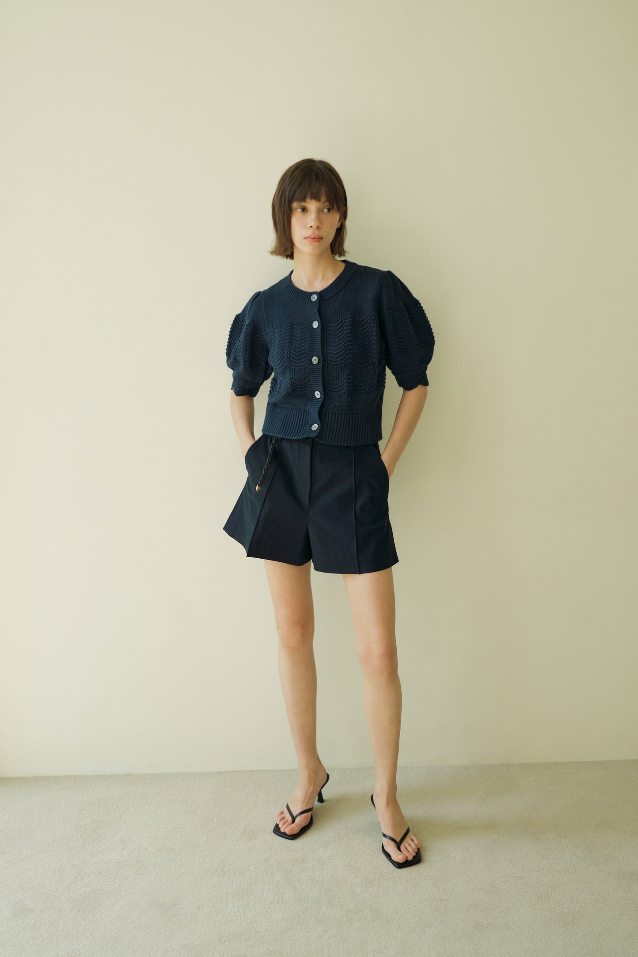 Mesh Belted Cotton Shorts In Navy