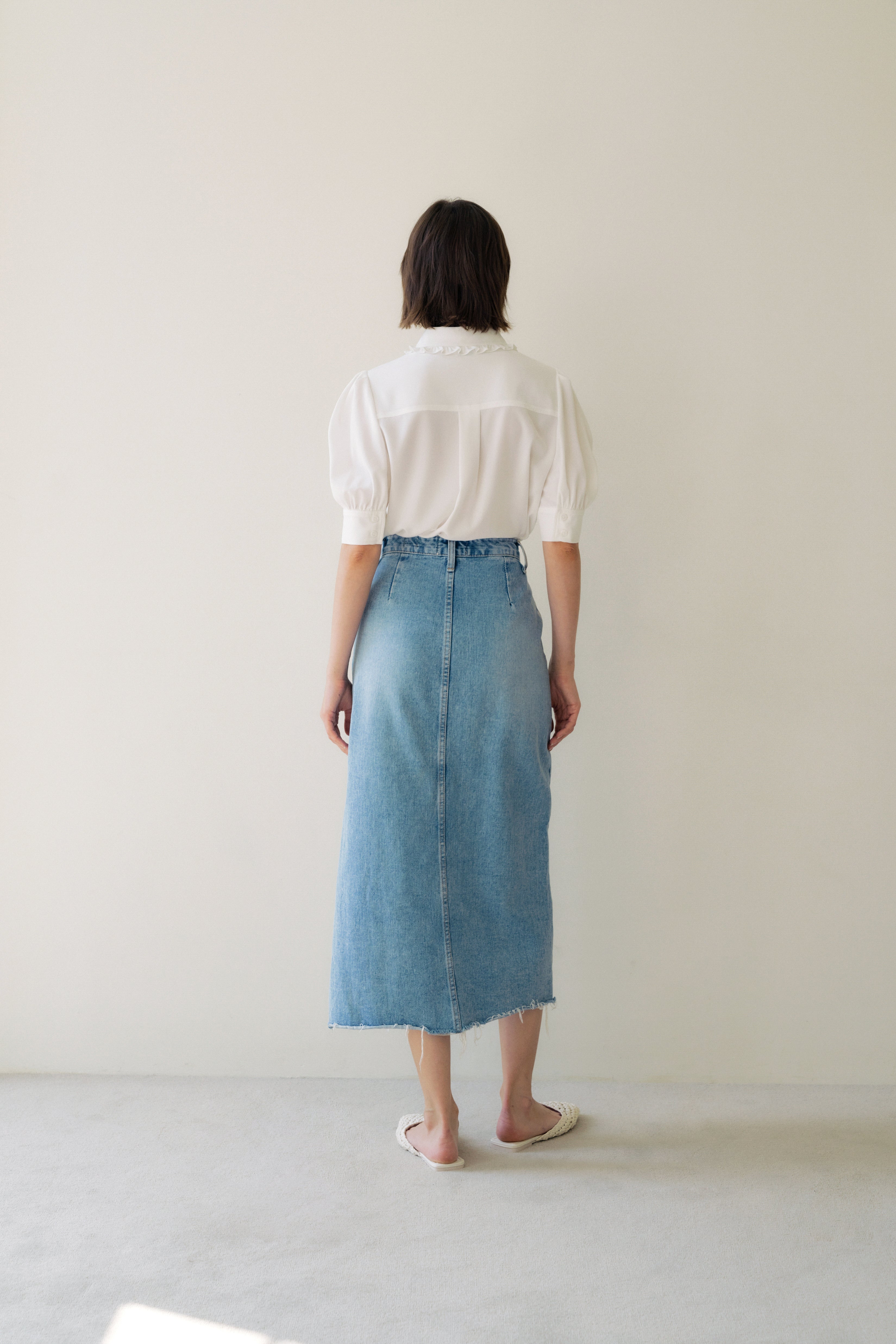 Denim Slit Long Skirt In Blue
