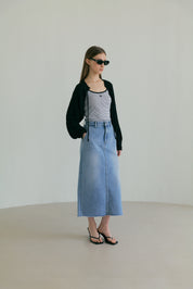 Denim Slit Long Skirt In Blue