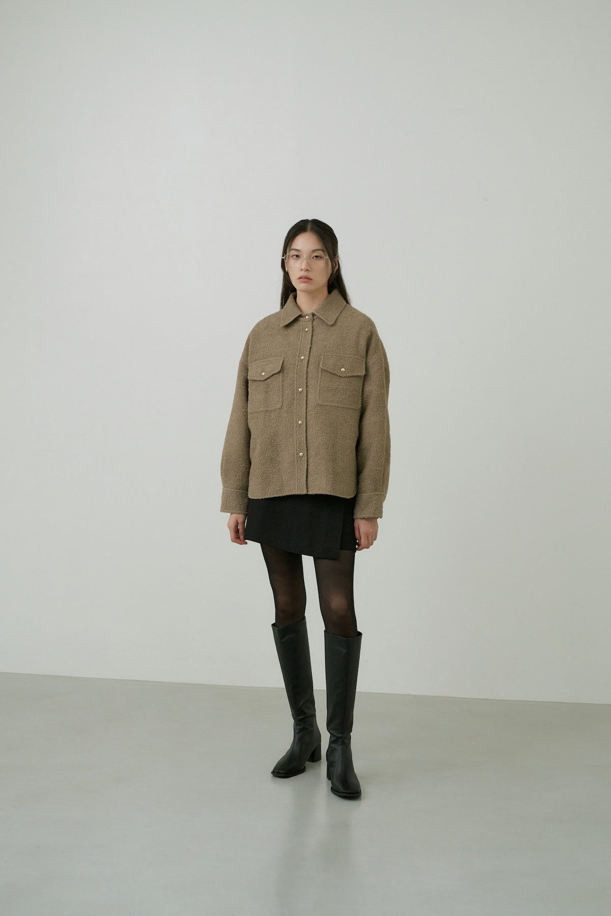 Wool Boucle Shirts Jacket In Khaki