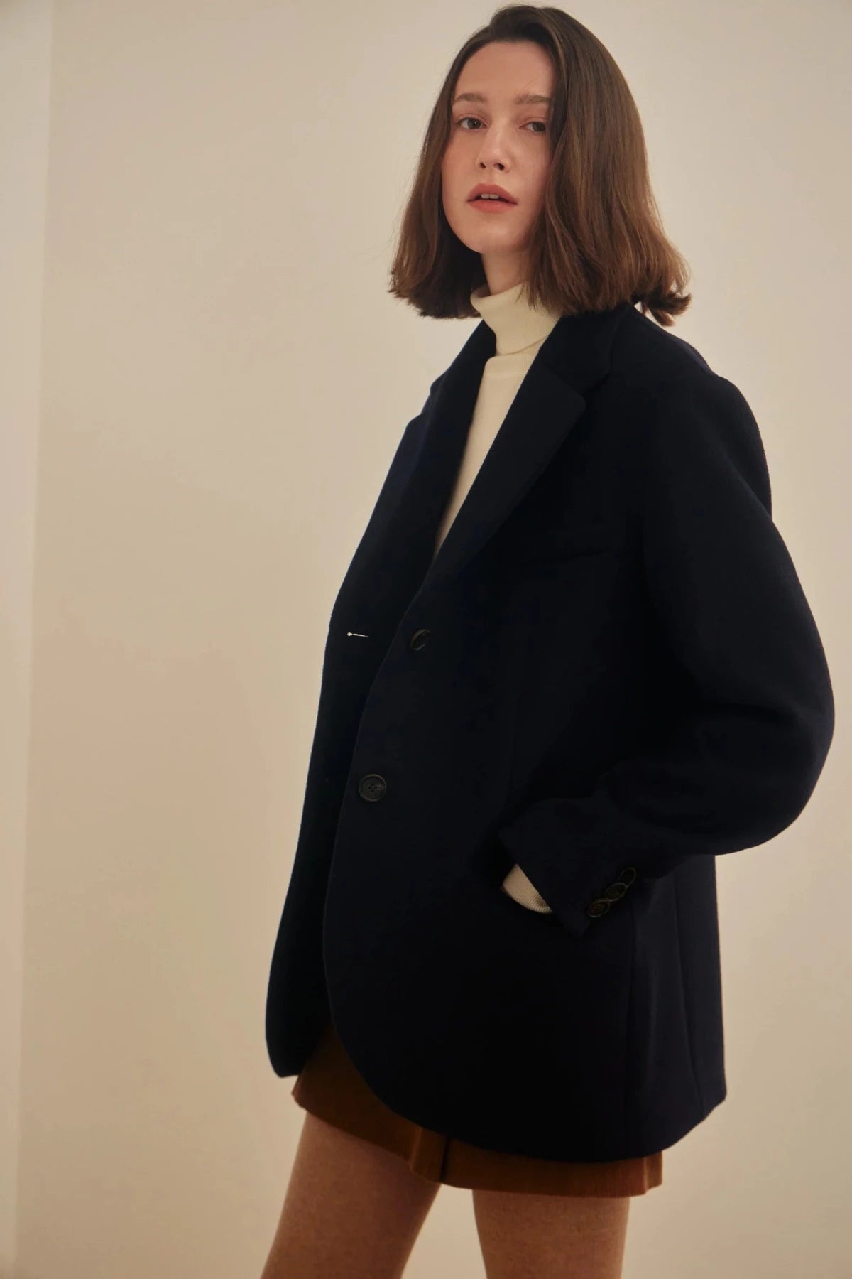 Tailored Wool Cashmere Half Coat In Navy