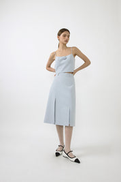 石藍褶襉開衩中長半身裙