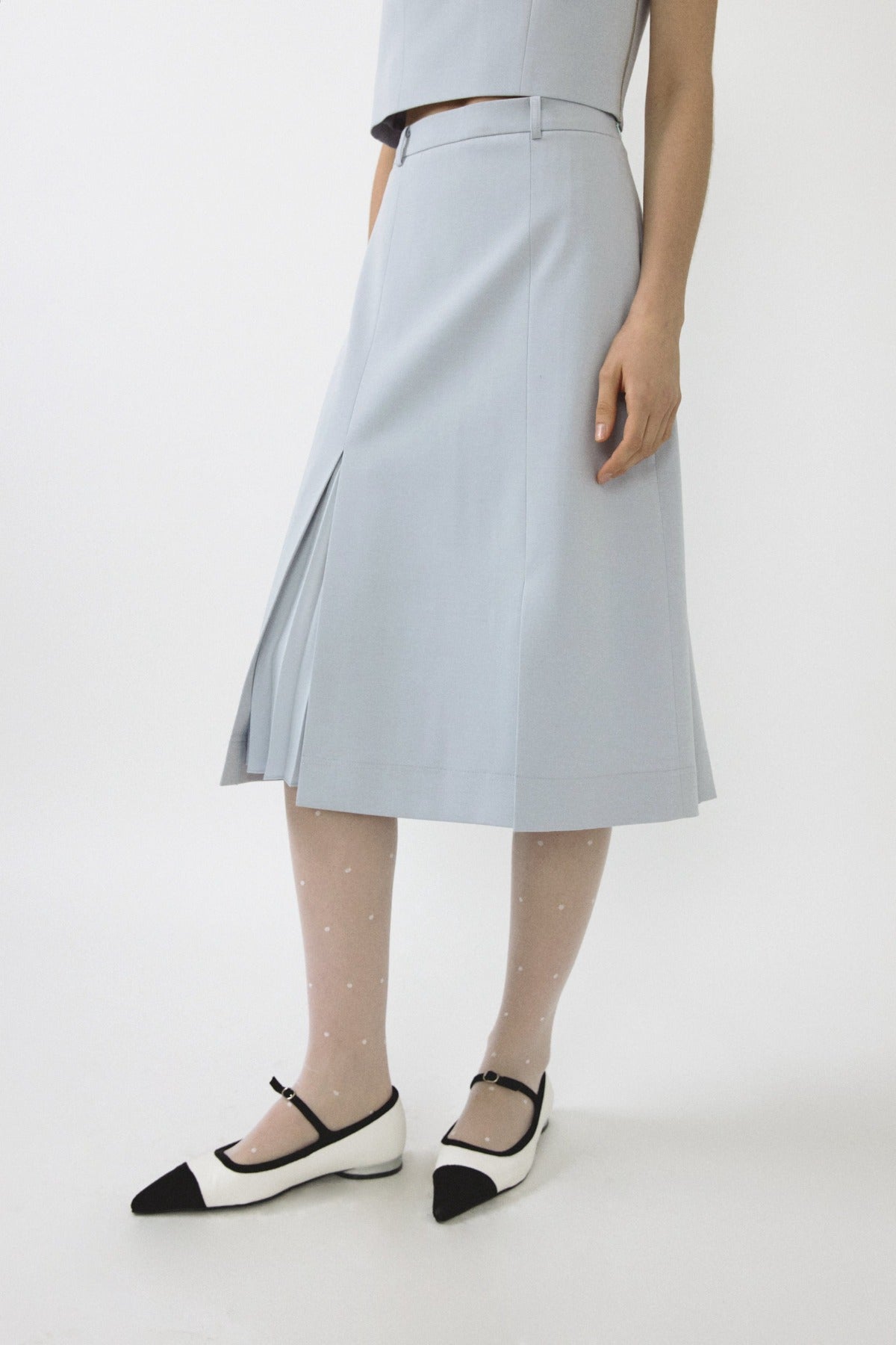 石藍褶襉開衩中長半身裙