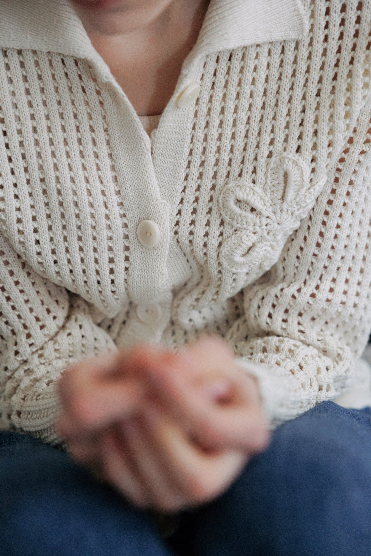 Cotton Crochet Knit Jacket In Ecru