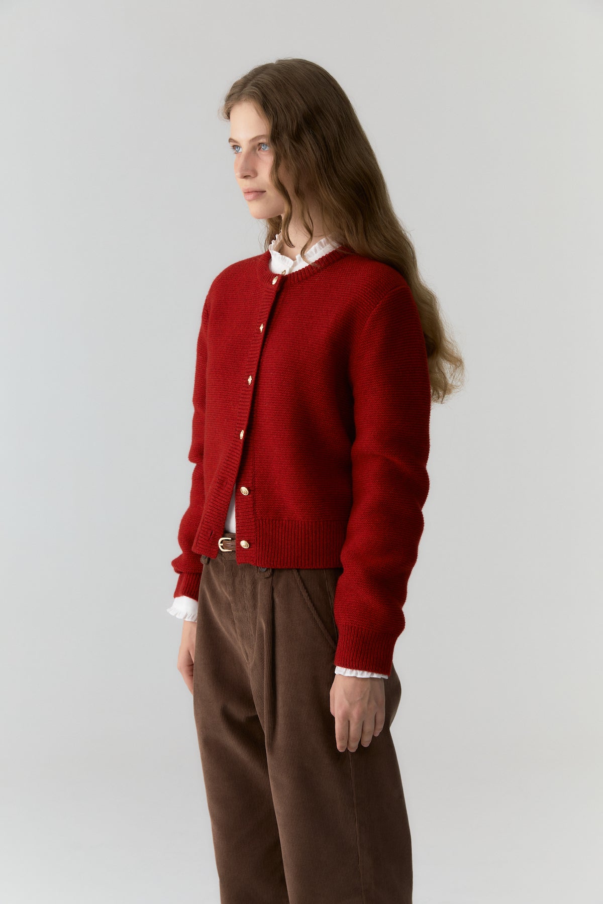 紅色金色羈扣羊毛開襟衫