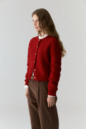 Gold Button Wool Cardigan In Red