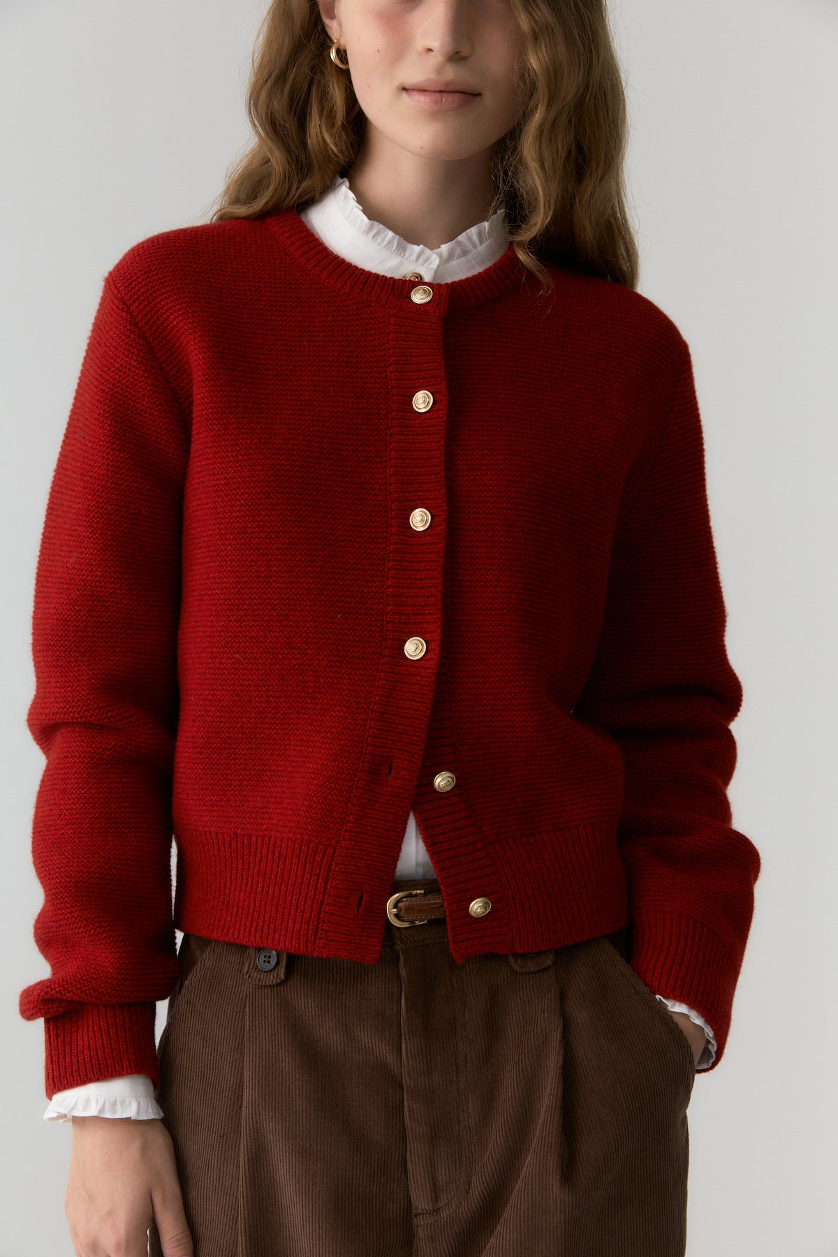 Gold Button Wool Cardigan In Red