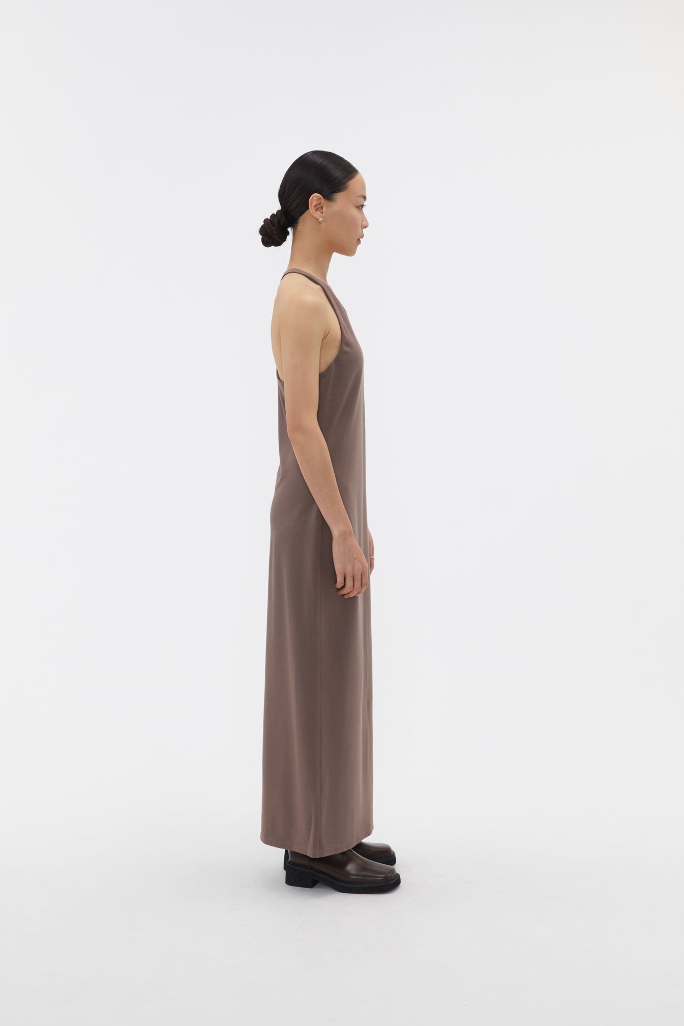 Slim Fit Asymmetrical Open-back Dress In Taupe