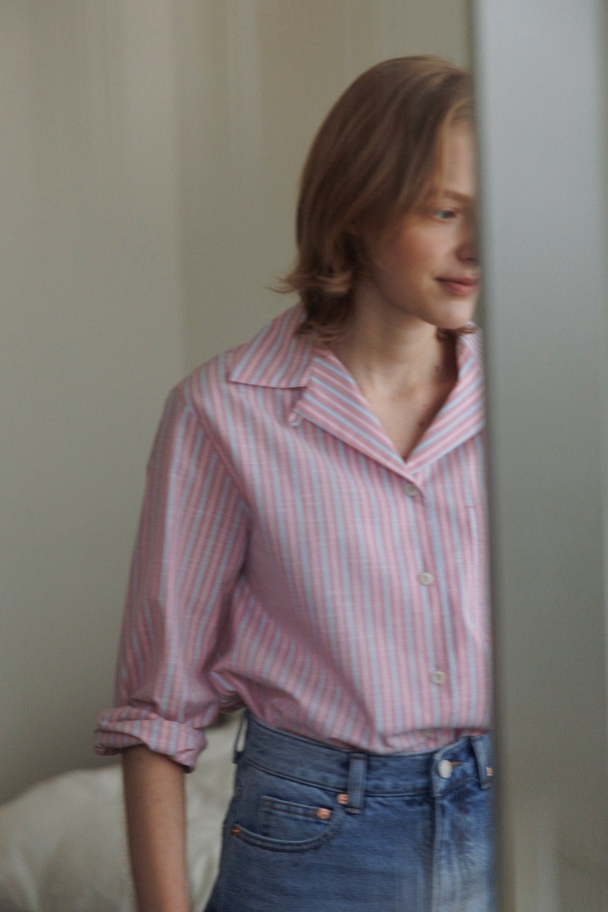 Open Collar Cotton Shirt In Pink Stripe