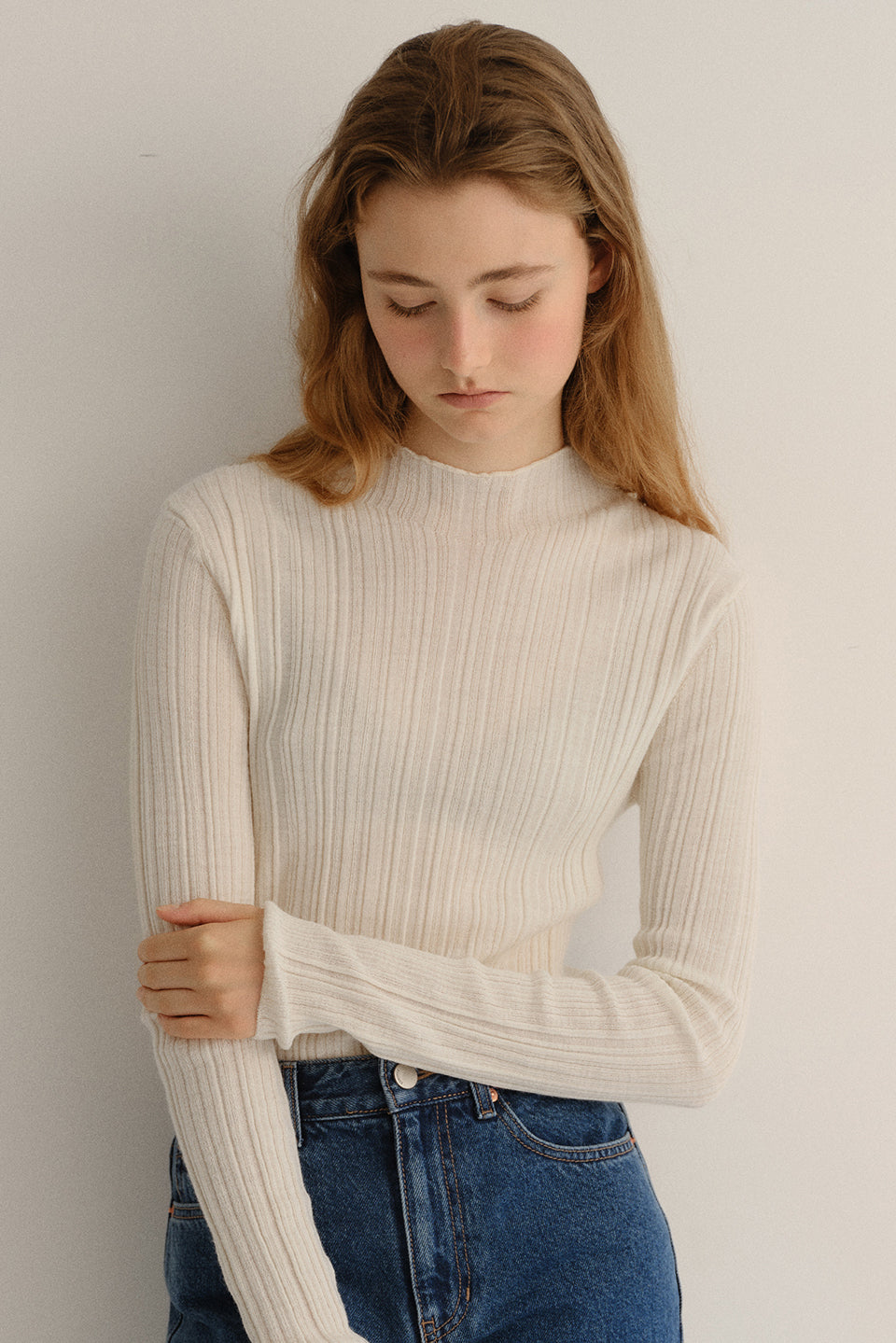 Wool Blend Ribbed Pullover In Cream