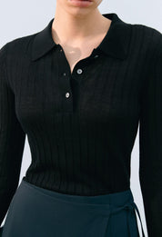 黑色羊毛天絲針織 Polo 衫