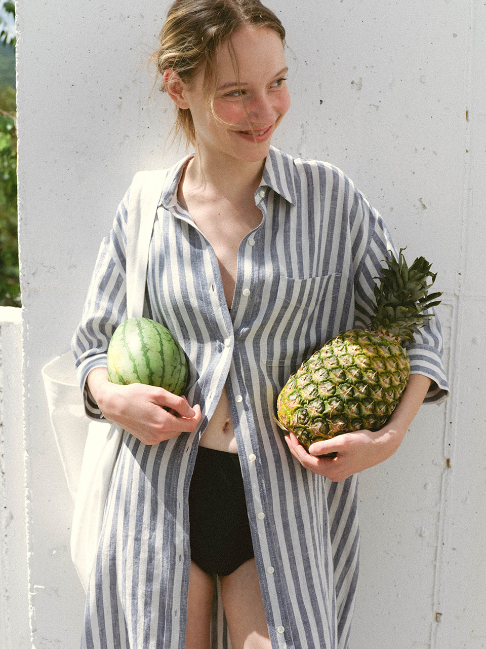 Linen Boxy Shirt Dress In Blue Stripe