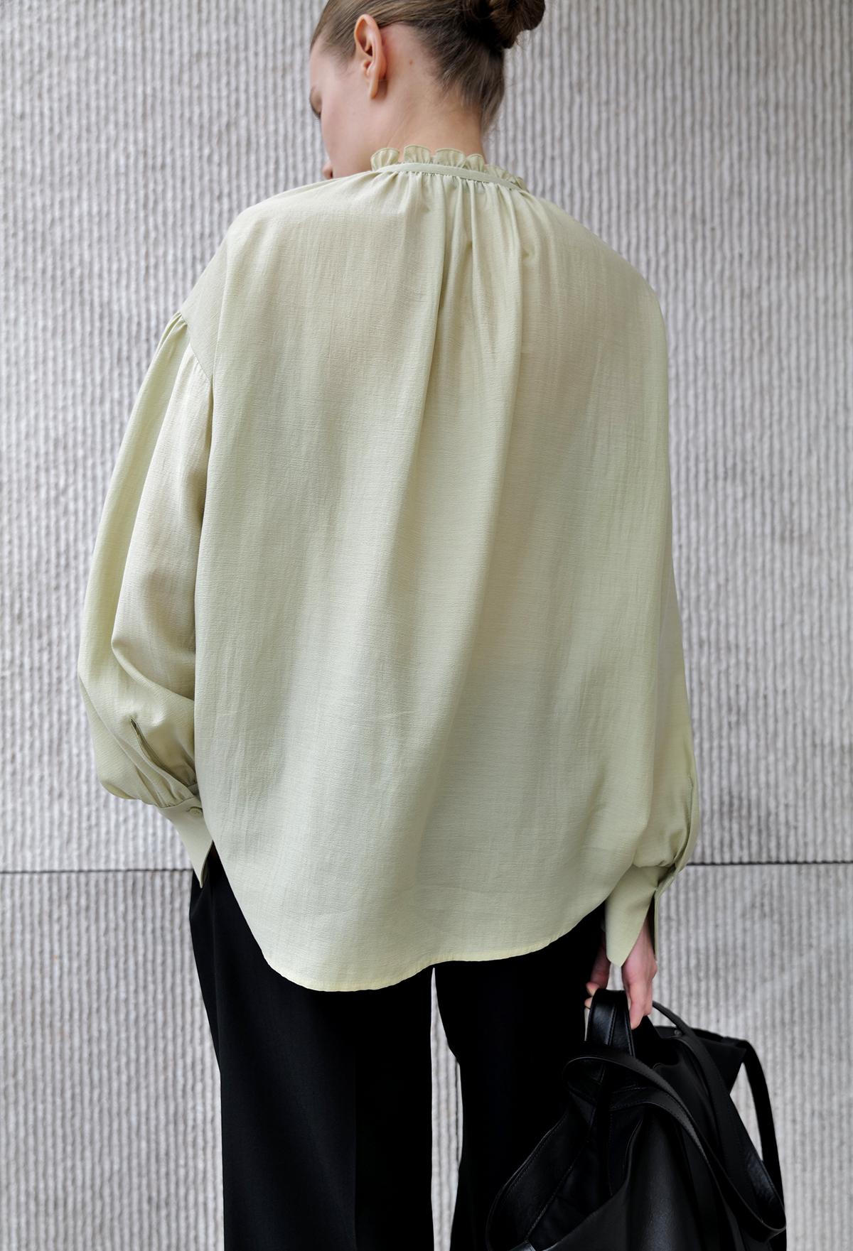 Frill-neck Ruched Blouse In Light Green