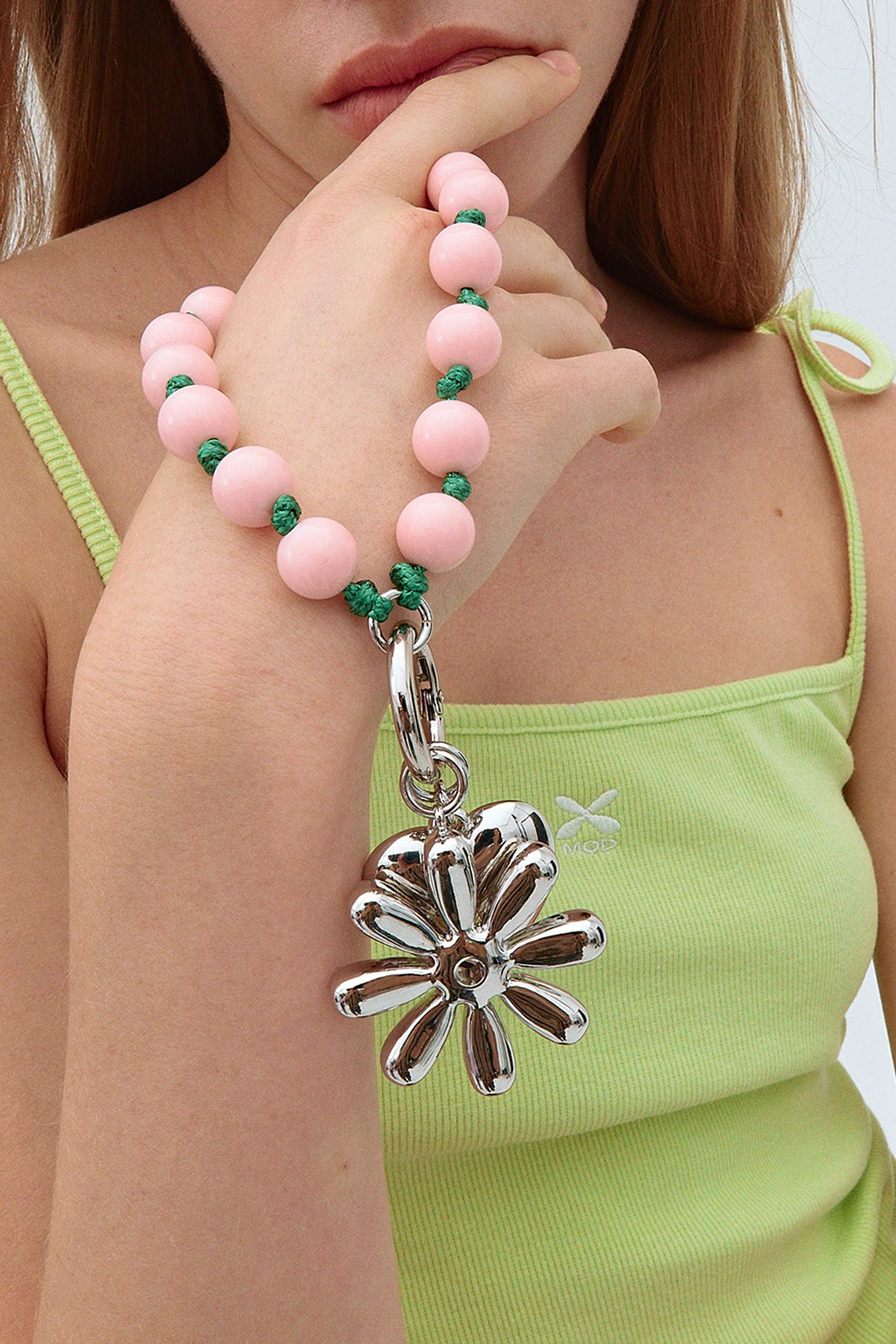 Mardi x ME Bloom Daisy Phone Charm In Baby Pink & Green